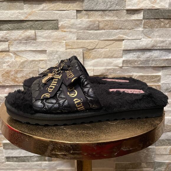 Juicy Couture M Black Faux Fur Slippers | Gold Script Logo, Cozy Y2K Glam - Picture 4 of 8